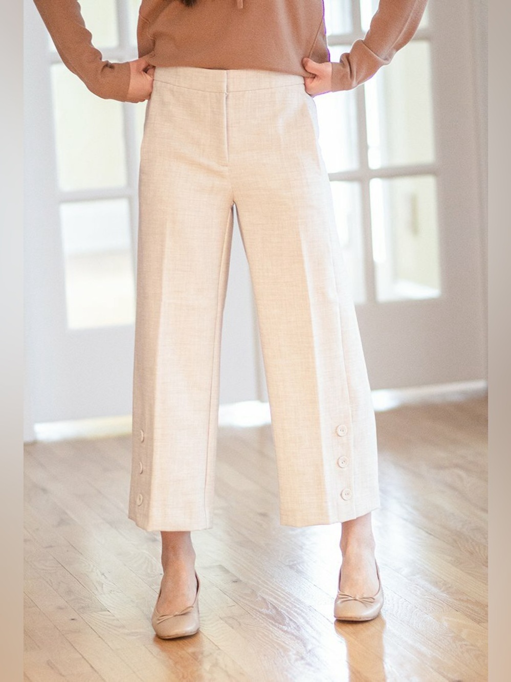 Ann Taylor Cream Wide-Leg Pants with Button Detail